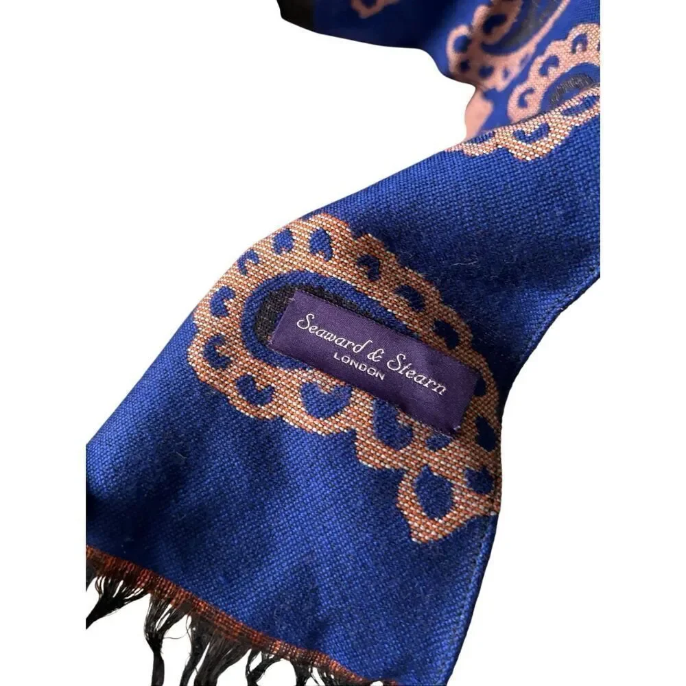 Seaward & Stearn London Paisley Scarf Wool Silk Brown Blue‎ Made in Italy